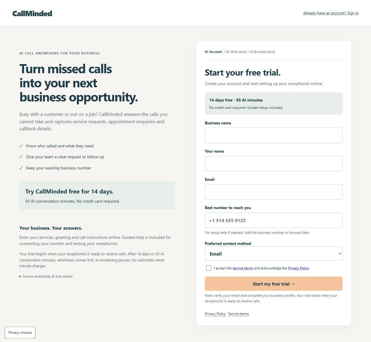 Blank CallMinded signup form showing business and contact fields, email verification steps and free-trial terms.
